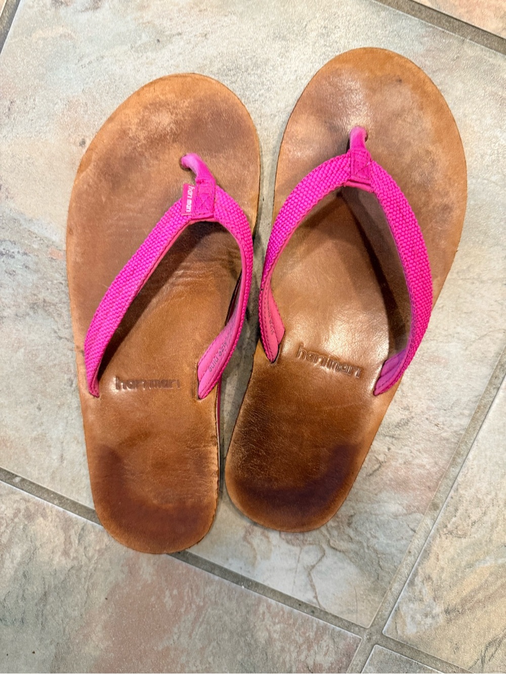 Havaianas Brown Leather Footbed Flip Flops with Bright Pink Straps